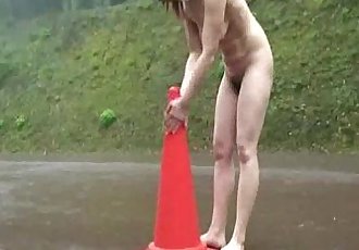 Shameless amateur fucks a road cone in the street - 7 min