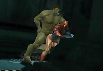 3D cartoon Spiderman getting blown and fucked by The Hulk