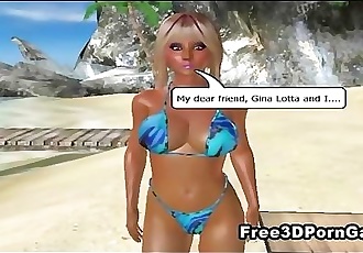 Two 3D cartoon babe sharing a cock on the beach