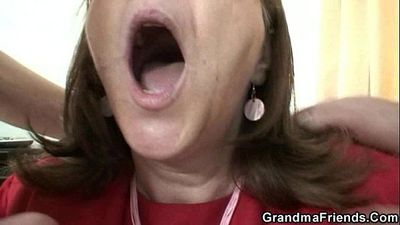 Old bitch takes two cocks in the office
