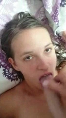 Cute French girl gives head and gets cum in her mouth