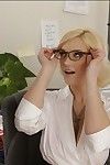 Voluptuous blonde babe in glasses gives a blowjob and gets fucked hardcore
