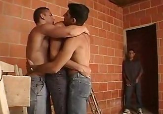 Lewd muscled construction workers after work threesome fucking