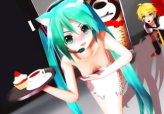 3D MMD Kitty Miku Strips Off Her Waitressing Apron - Deep Blue Town
